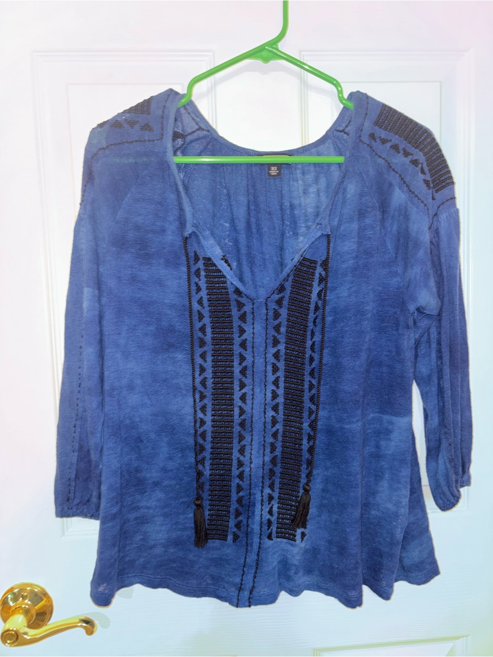 Lucky Brand Blue V-Neck Tunic with Black Embroidered Panels